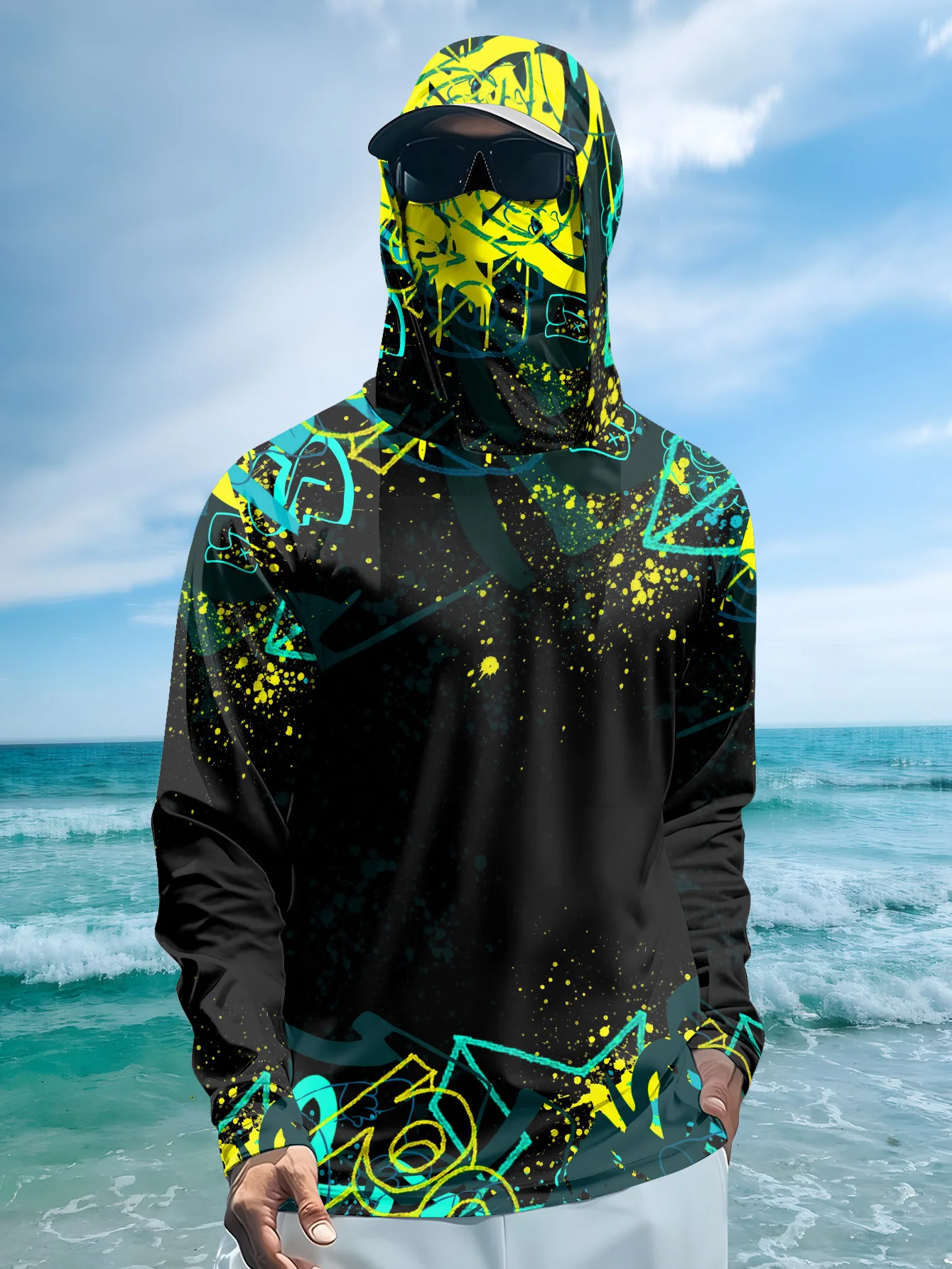 Fishing Hoodie - Heren UPF50+ vishoodie met gezichtsmasker, graffiti